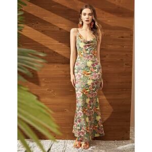 Sleeveless Cami Stretch Fitted Maxi Dress Floral Tropical NEW Drape Summer 6 M
